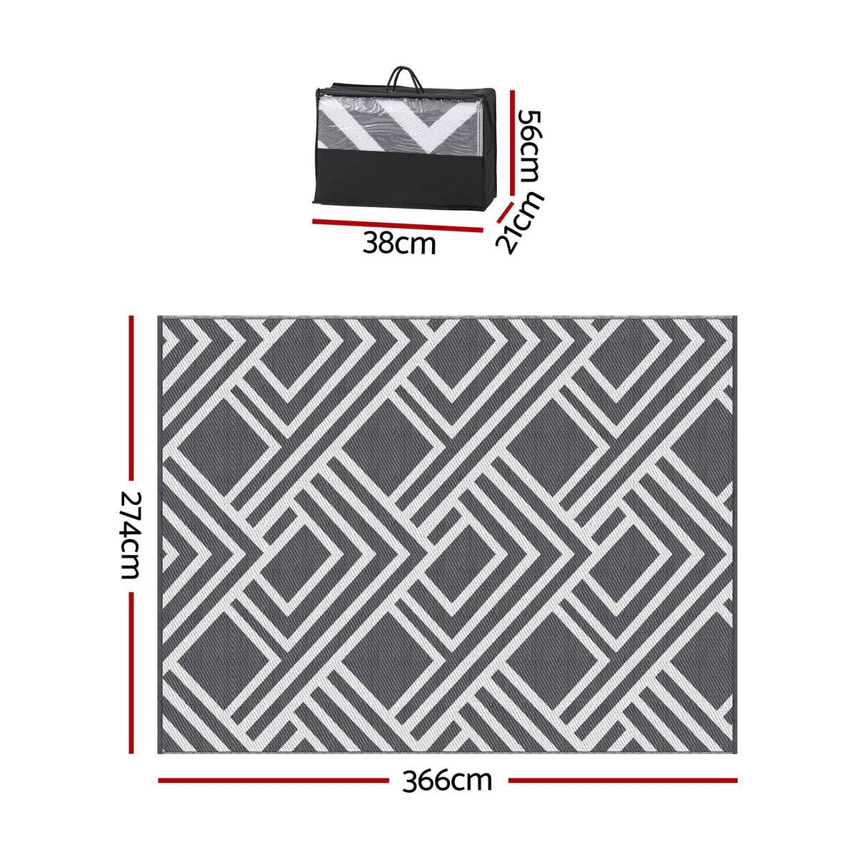 Alona.com.au Home & Garden > Rugs > Outdoor Rugs Gardeon Outdoor Rugs 274x366cm Reversible PP Dual-Sided Area Mat Large Carpet Patio Rug Grey