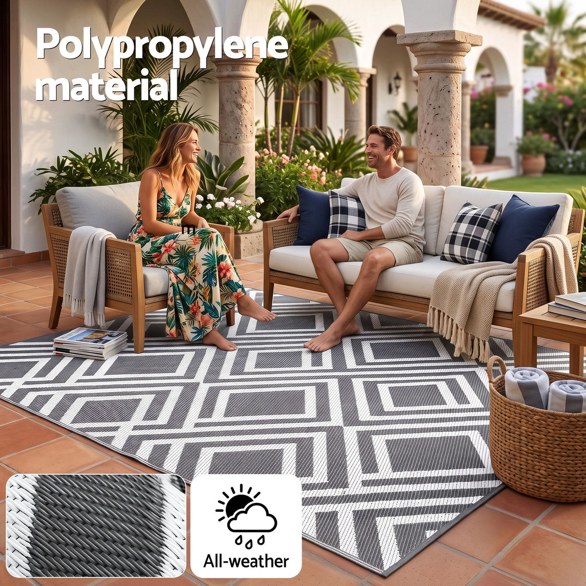 Alona.com.au Home & Garden > Rugs > Outdoor Rugs Gardeon Outdoor Rugs 274x366cm Reversible PP Dual-Sided Area Mat Large Carpet Patio Rug Grey