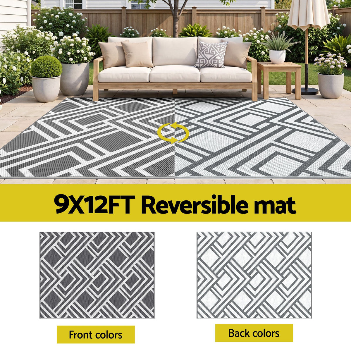 Alona.com.au Home & Garden > Rugs > Outdoor Rugs Gardeon Outdoor Rugs 274x366cm Reversible PP Dual-Sided Area Mat Large Carpet Patio Rug Grey