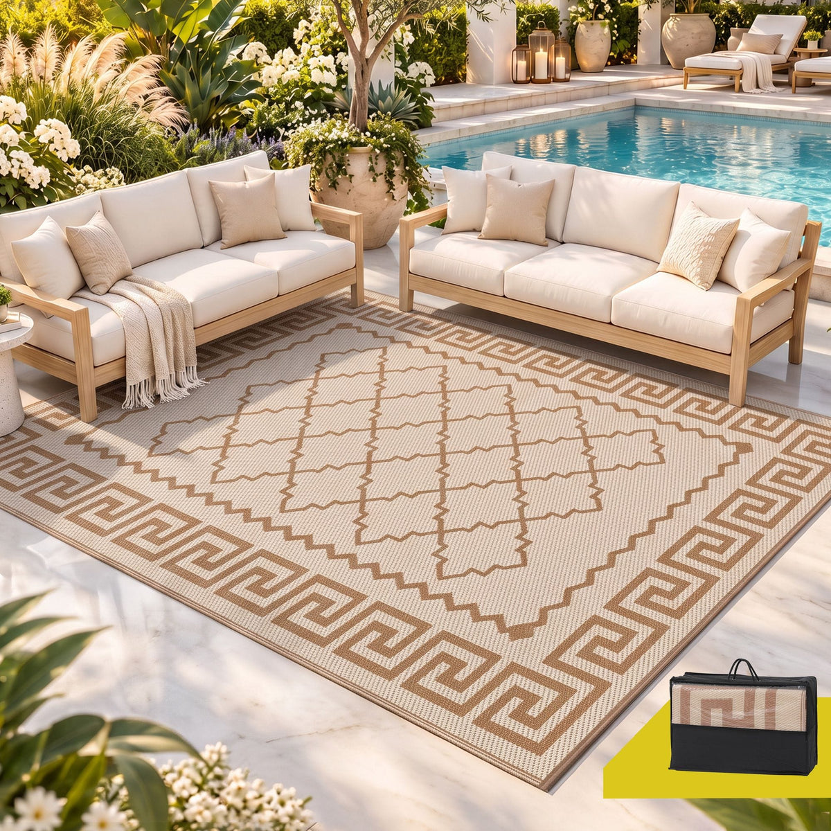 Alona.com.au Home & Garden > Rugs > Outdoor Rugs Gardeon Outdoor Rugs 274x366cm Large Carpet Reversible PP Dual-Sided Area Mat Patio Rug Khaki