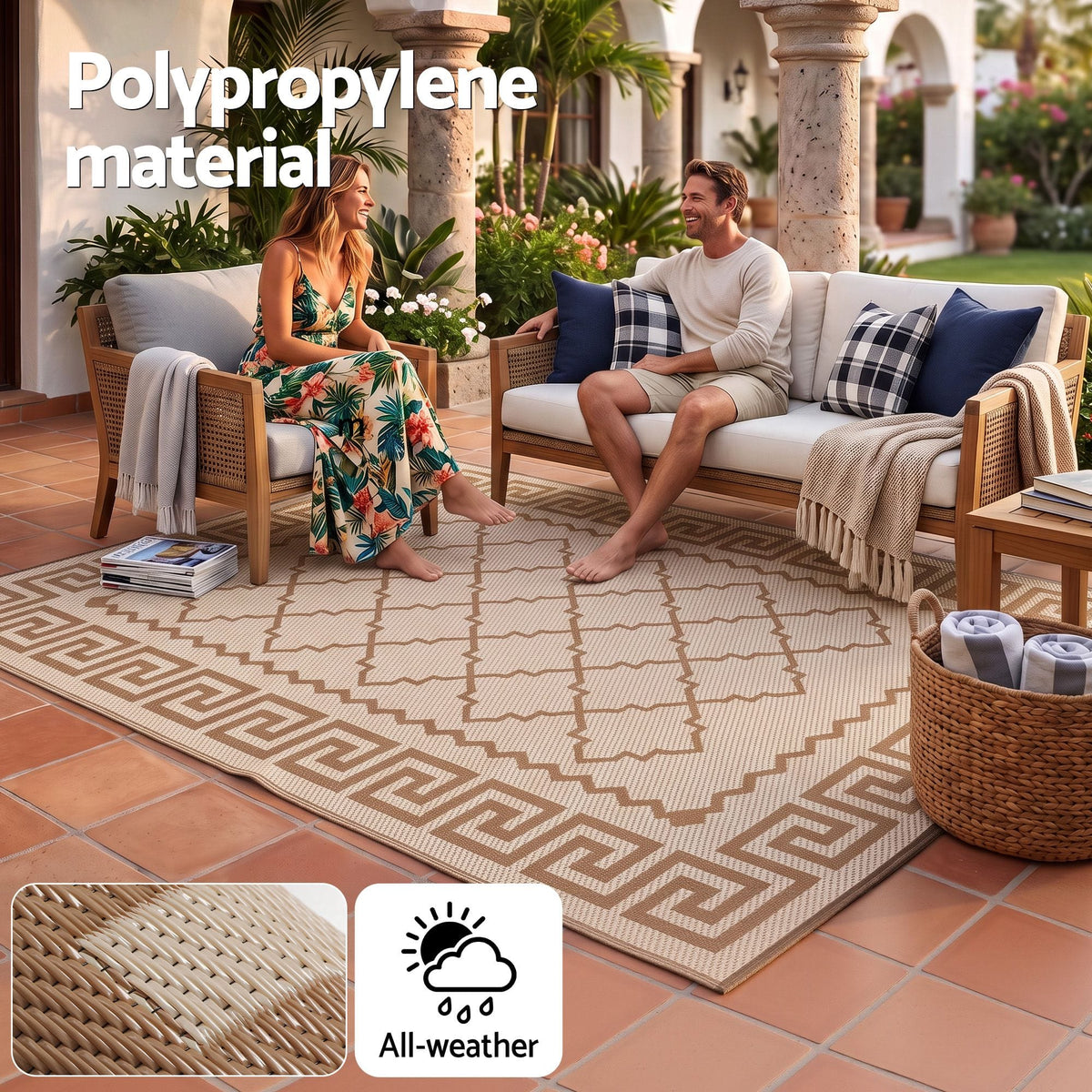 Alona.com.au Home & Garden > Rugs > Outdoor Rugs Gardeon Outdoor Rugs 274x366cm Large Carpet Reversible PP Dual-Sided Area Mat Patio Rug Khaki