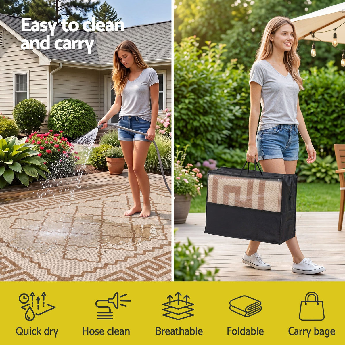 Alona.com.au Home & Garden > Rugs > Outdoor Rugs Gardeon Outdoor Rugs 274x366cm Large Carpet Reversible PP Dual-Sided Area Mat Patio Rug Khaki