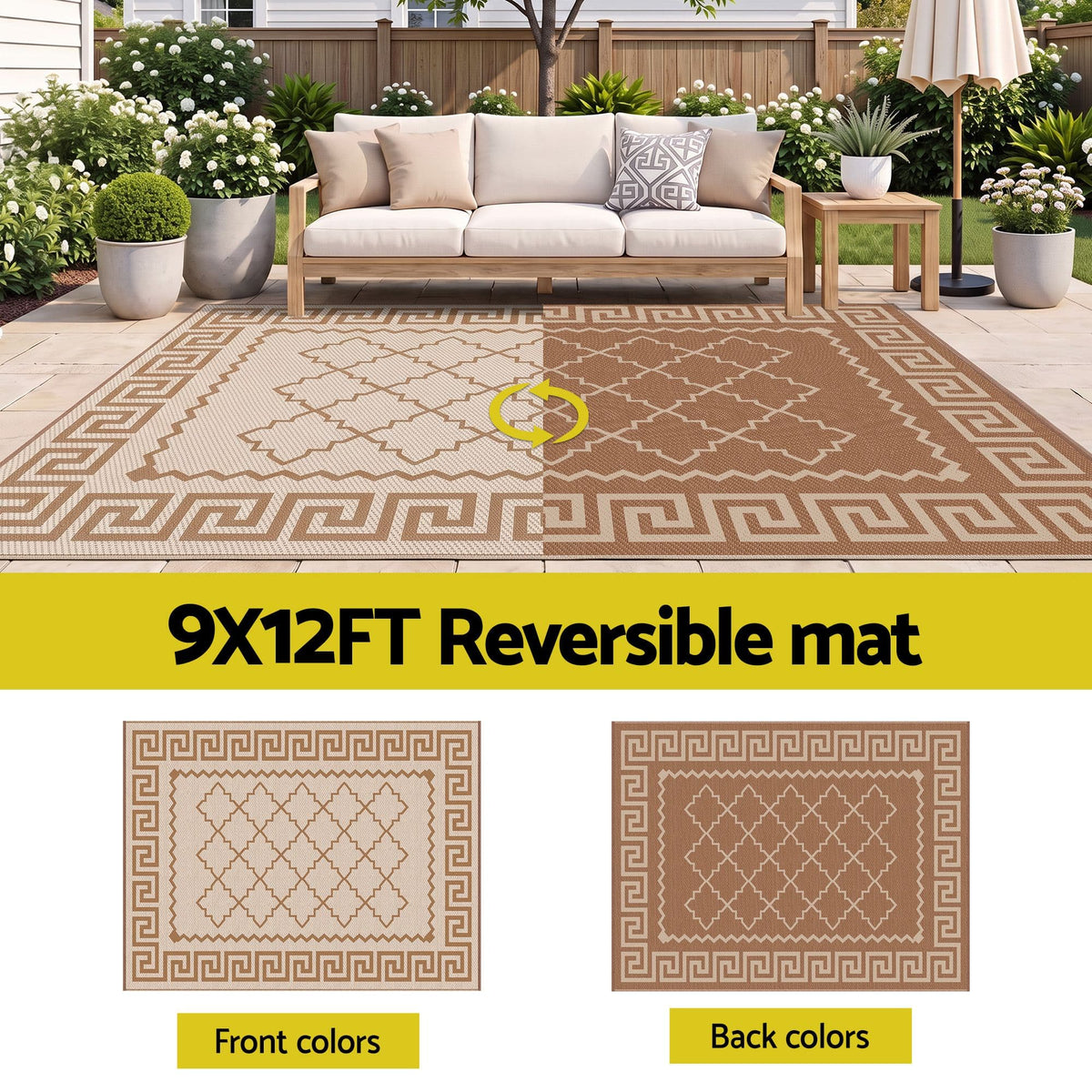Alona.com.au Home & Garden > Rugs > Outdoor Rugs Gardeon Outdoor Rugs 274x366cm Large Carpet Reversible PP Dual-Sided Area Mat Patio Rug Khaki
