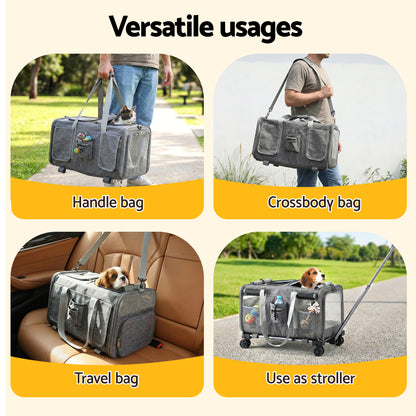 i.Pet Pet Carrier Swivel Wheels Foldable Cat Dog Trolley Stroller Travel Bag Grey