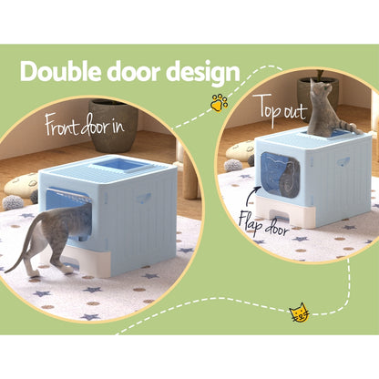 i.Pet Cat Litter Box Large Tray Kitty Toilet Enclosed Hooded Foldable Cat Litter Box Scoop Blue