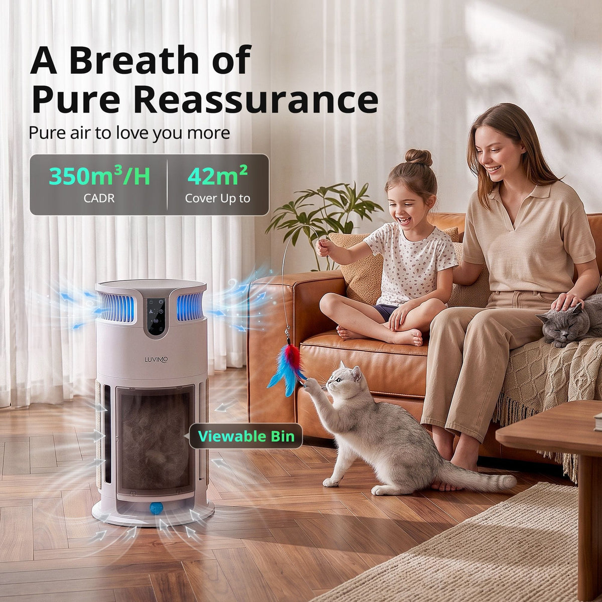 Alona.com.au Appliances > Aroma Diffusers & Humidifiers > Purifiers LUVIMO Pet Air Purifier H13 HEPA Smart Air Cleaner CADR 350 w/ Cat Toys for Home