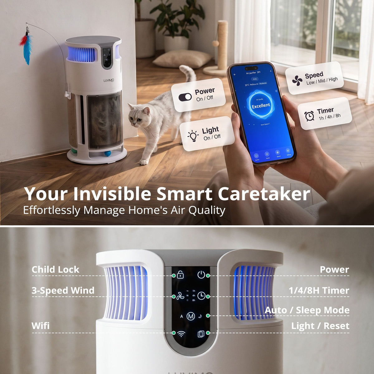 Alona.com.au Appliances > Aroma Diffusers & Humidifiers > Purifiers LUVIMO Pet Air Purifier H13 HEPA Smart Air Cleaner CADR 350 w/ Cat Toys for Home