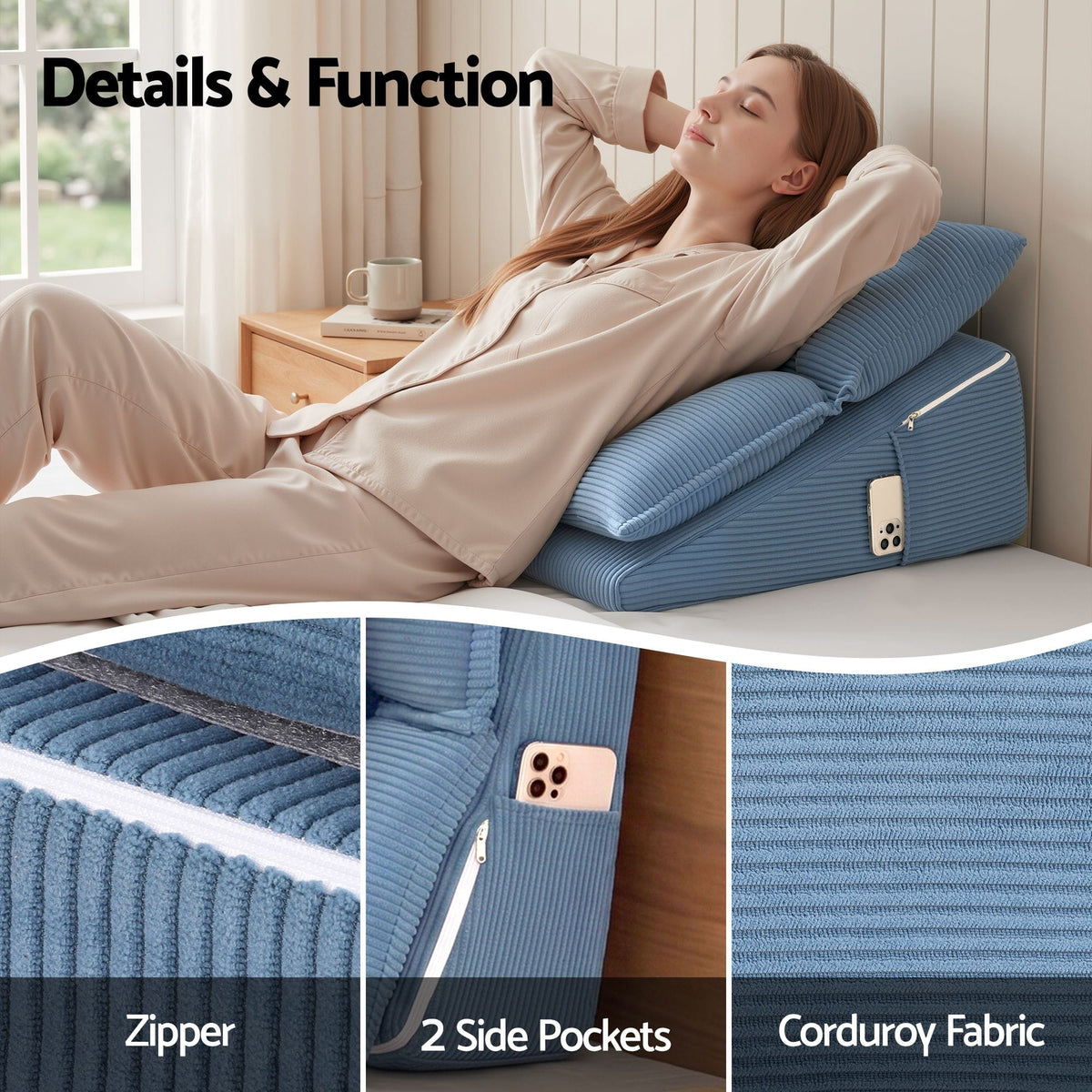 Giselle Reading Pillow For Sitting In Bed, No-Sag 25D Foam Base, Modular Backrest With Dual Pockets For Gaming, 52x51x26cm Corduroy Cover
