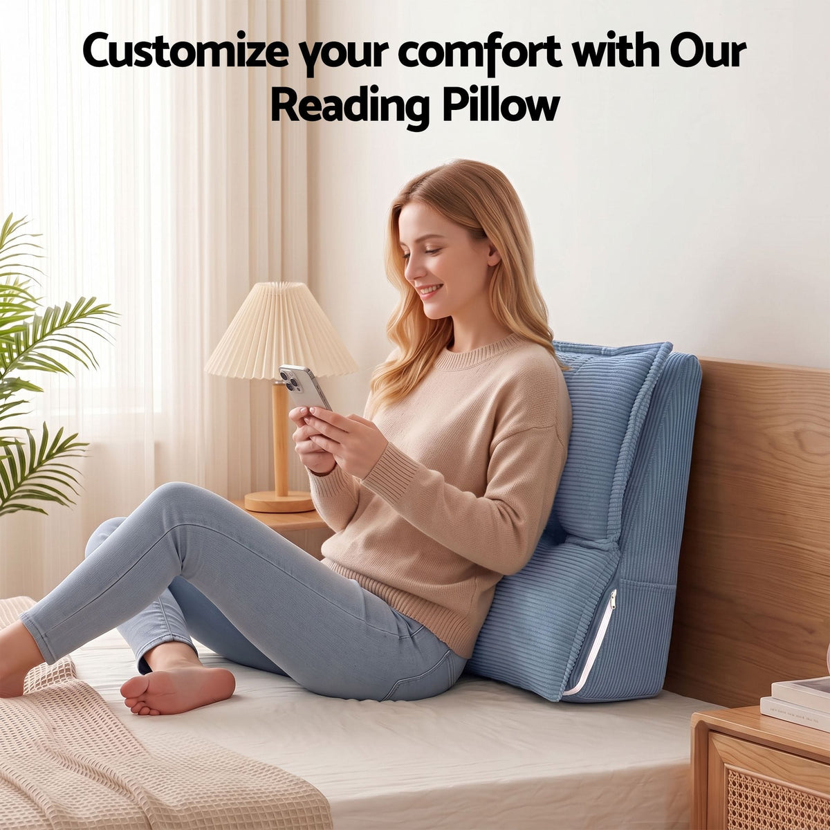 Giselle Reading Pillow For Sitting In Bed, No-Sag 25D Foam Base, Modular Backrest With Dual Pockets For Gaming, 52x51x26cm Corduroy Cover