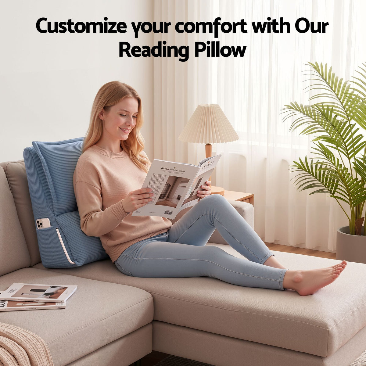 Giselle Reading Pillow For Sitting In Bed, No-Sag 25D Foam Base, Modular Backrest With Dual Pockets For Gaming, 52x51x26cm Corduroy Cover