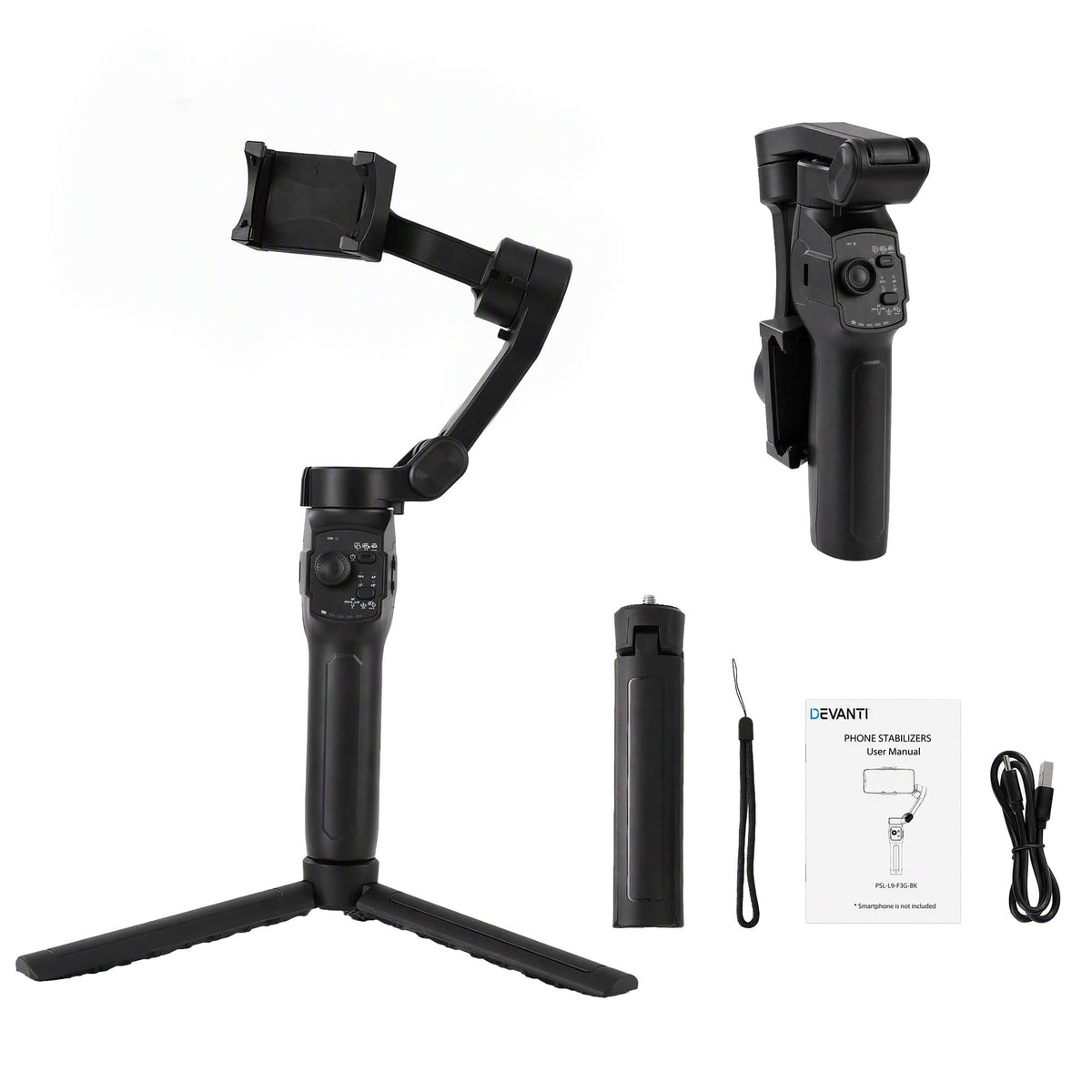 Alona.com.au Health & Beauty > Health & Wellbeing > Supports & Braces Devanti 3-Axis Gimbal Stabilizer with Tripod for Smartphone, Foldable Selfie Stick