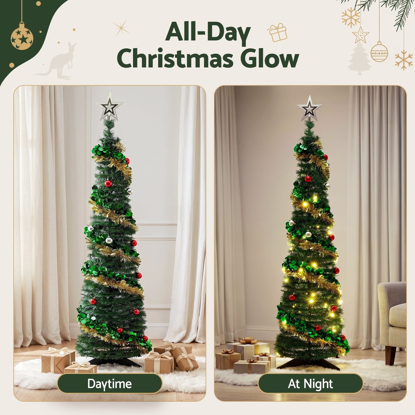 Jingle Jollys Pop Up Christmas Tree Pre Decorated Warm White LED 160cm