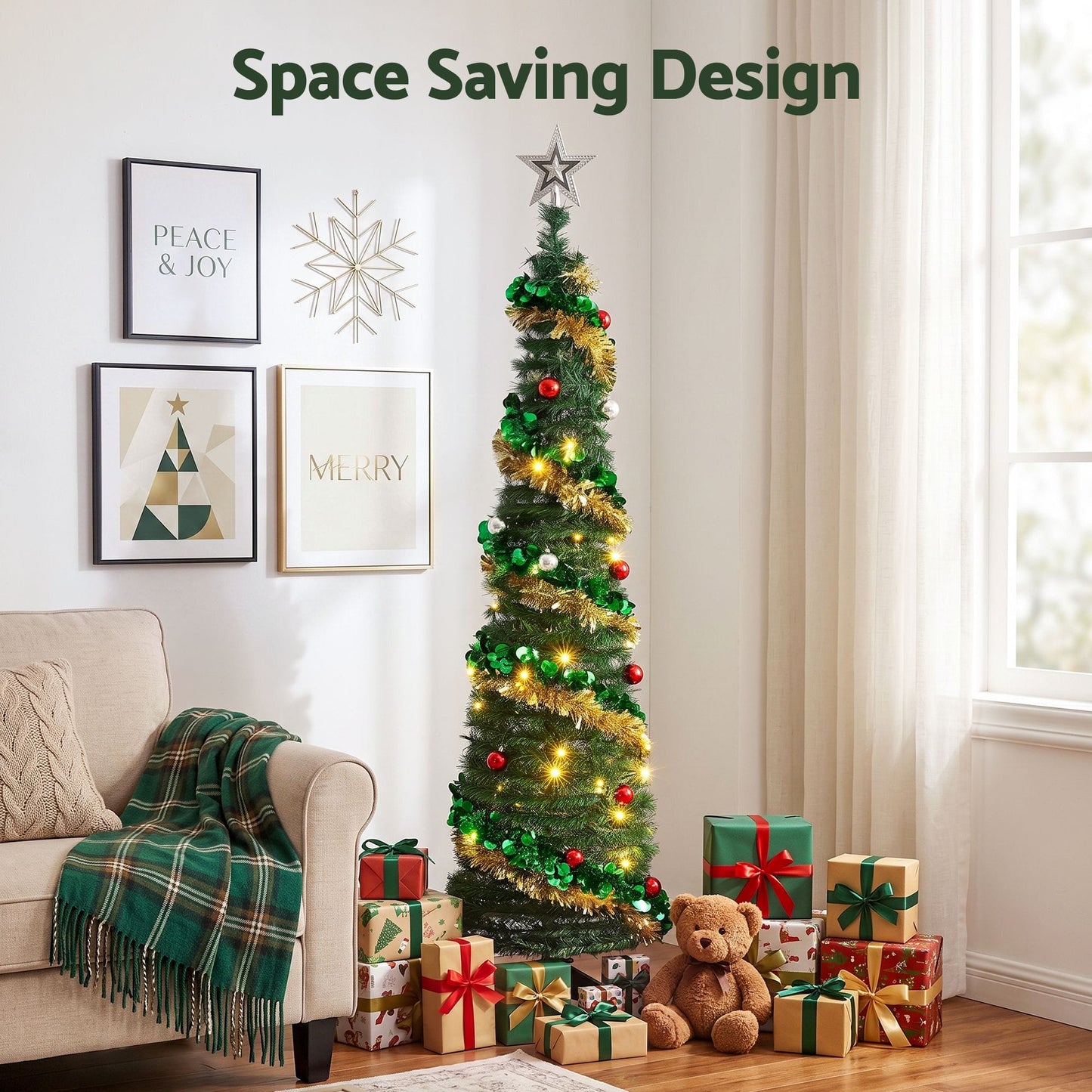 Jingle Jollys Pop Up Christmas Tree Pre Decorated Warm White LED 160cm