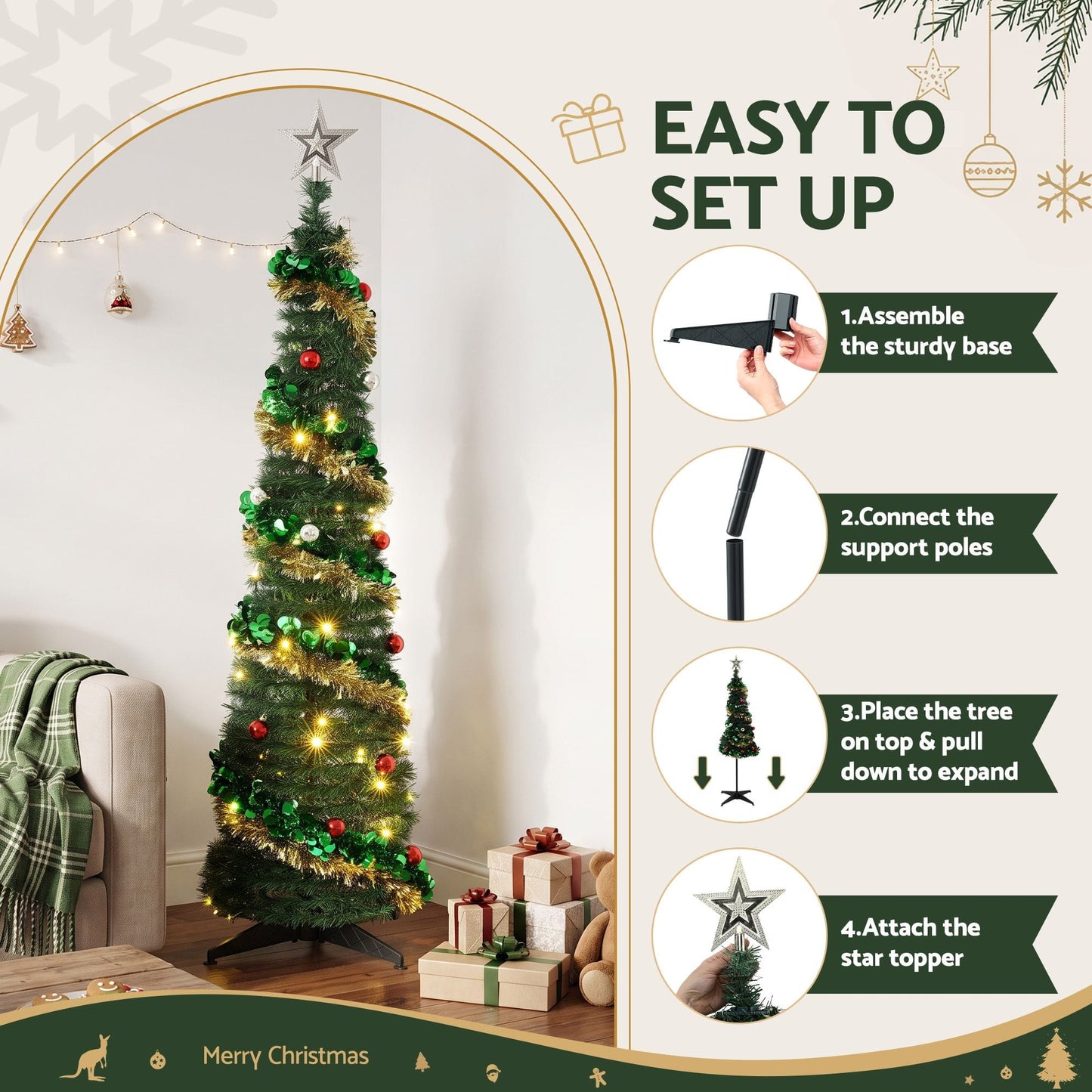 Jingle Jollys Pop Up Christmas Tree Pre Decorated Warm White LED 160cm