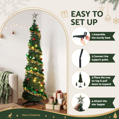 Jingle Jollys Pop Up Christmas Tree Pre Decorated Warm White LED 160cm