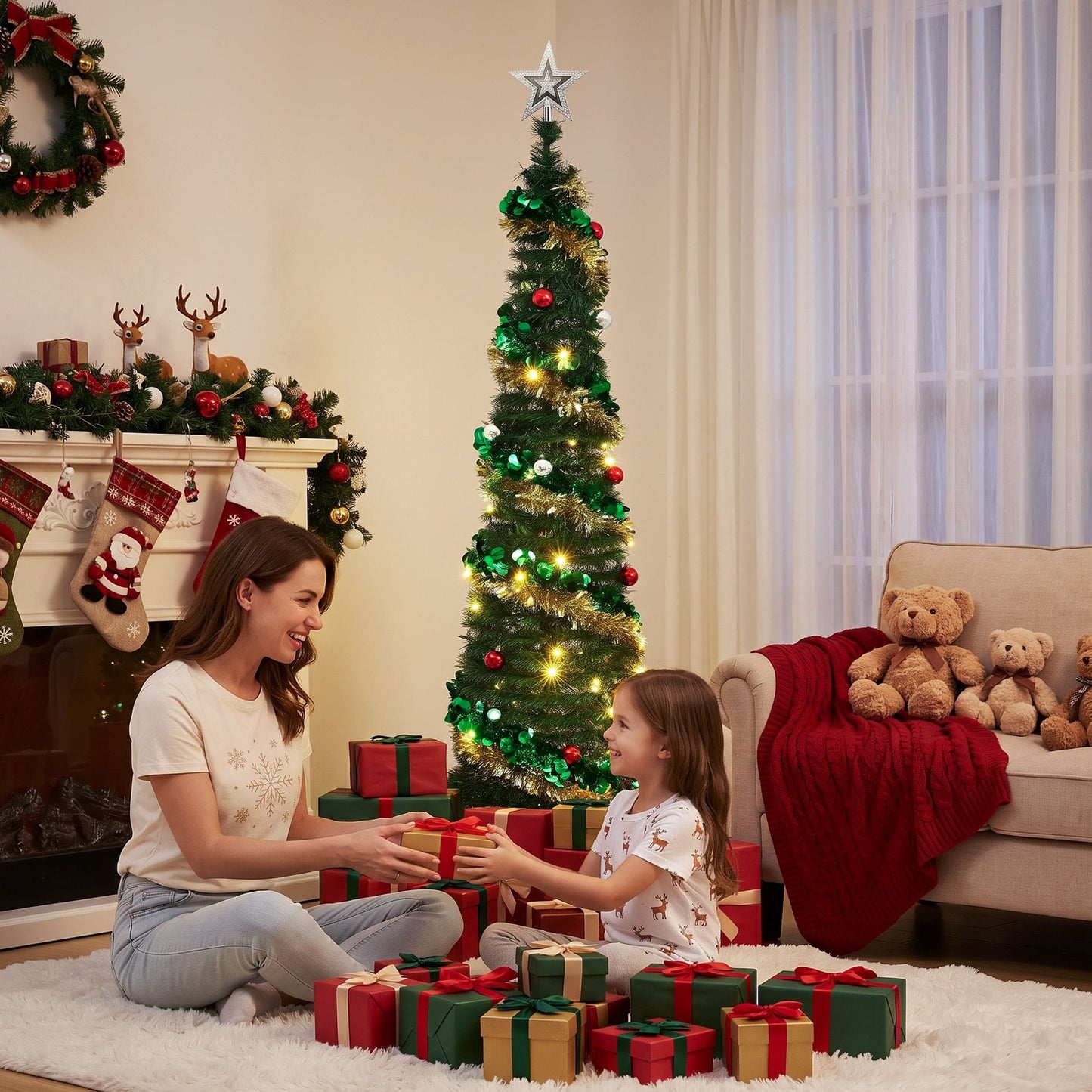Jingle Jollys Pop Up Christmas Tree Pre Decorated Warm White LED 160cm