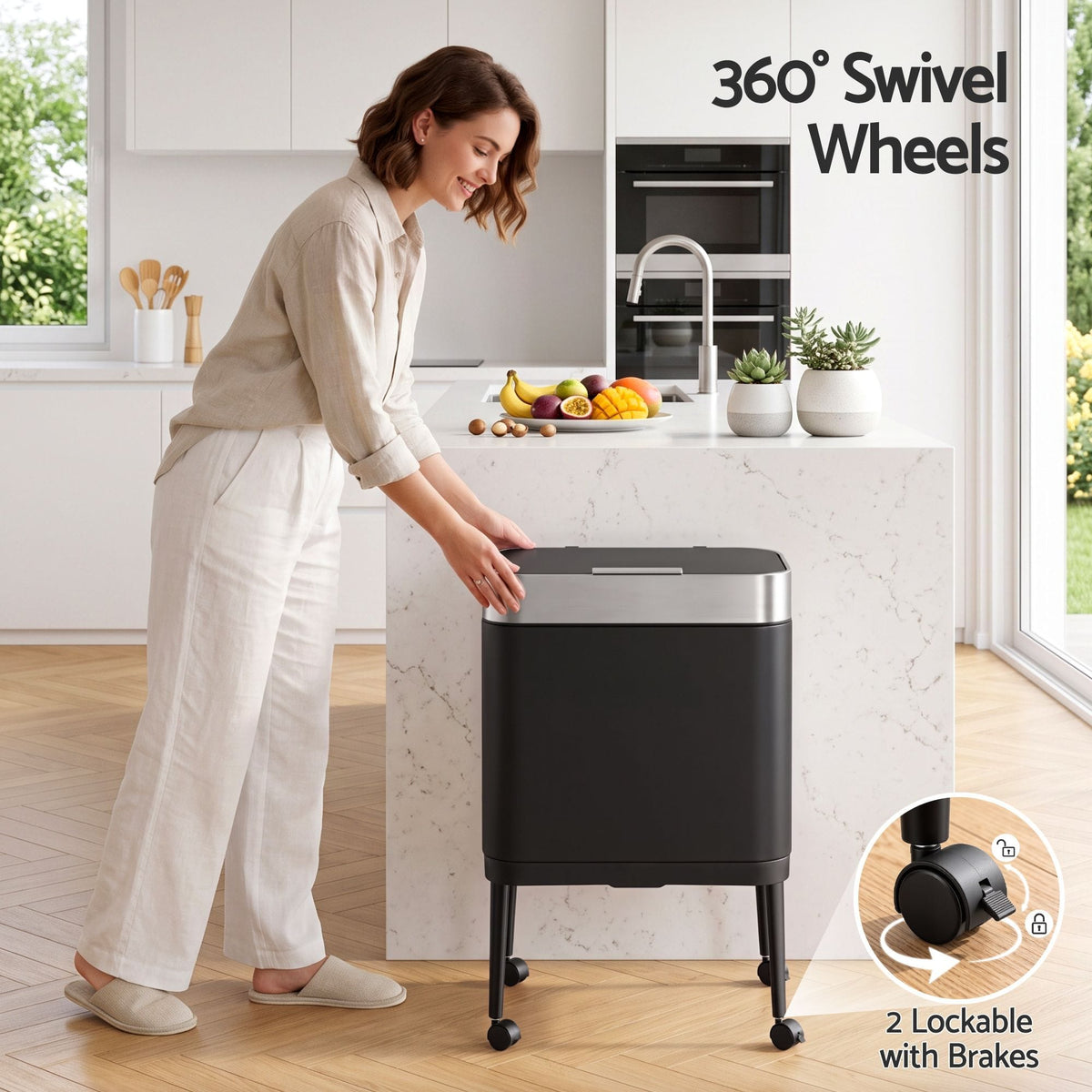 Alona.com.au Home & Garden > Kitchen Bins > Automatic Bins Cefito 40L Press Top Trash Can Kitchen Rubbish Bin Moblie Stainless Steel Black