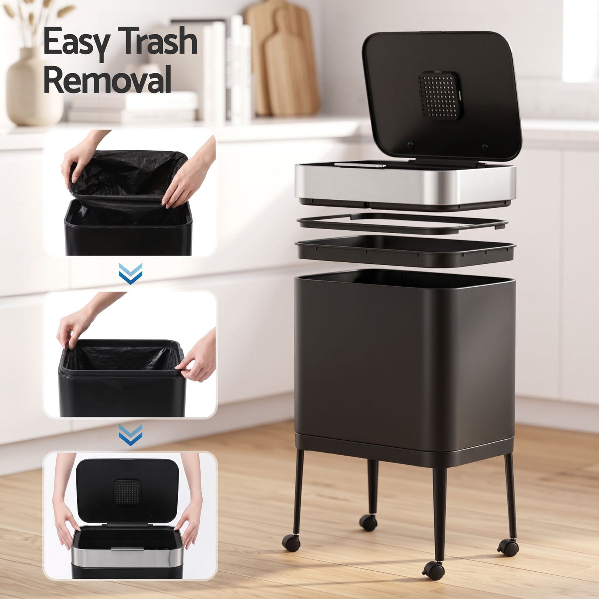 Alona.com.au Home & Garden > Kitchen Bins > Automatic Bins Cefito 40L Press Top Trash Can Kitchen Rubbish Bin Moblie Stainless Steel Black