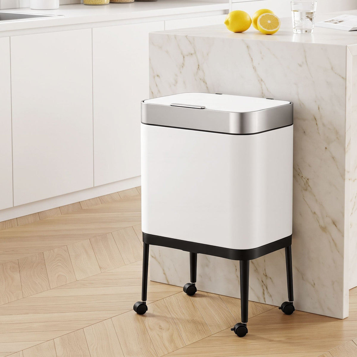 Alona.com.au Home & Garden > Kitchen Bins > Automatic Bins Cefito 40L Press Top Trash Can Kitchen Rubbish Bin Moblie Stainless Steel White