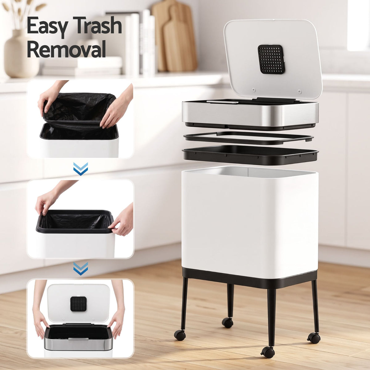 Alona.com.au Home & Garden > Kitchen Bins > Automatic Bins Cefito 40L Press Top Trash Can Kitchen Rubbish Bin Moblie Stainless Steel White