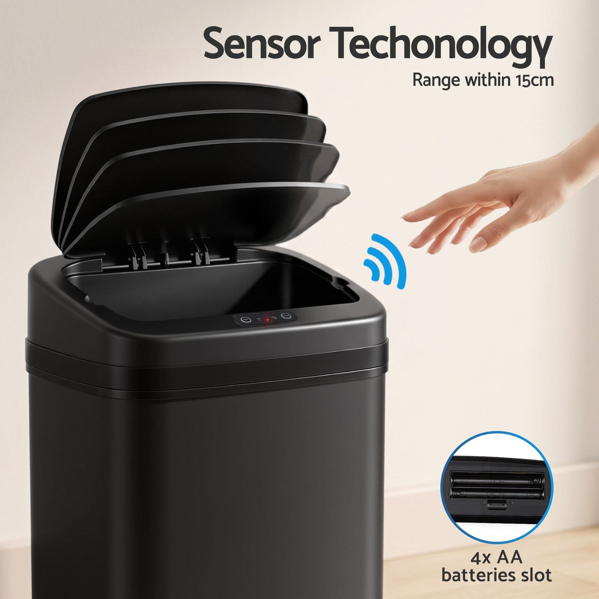 Devanti 15L Motion Sensor Bin Touchless Bins Soft-Close Rubbish Trash Can Black