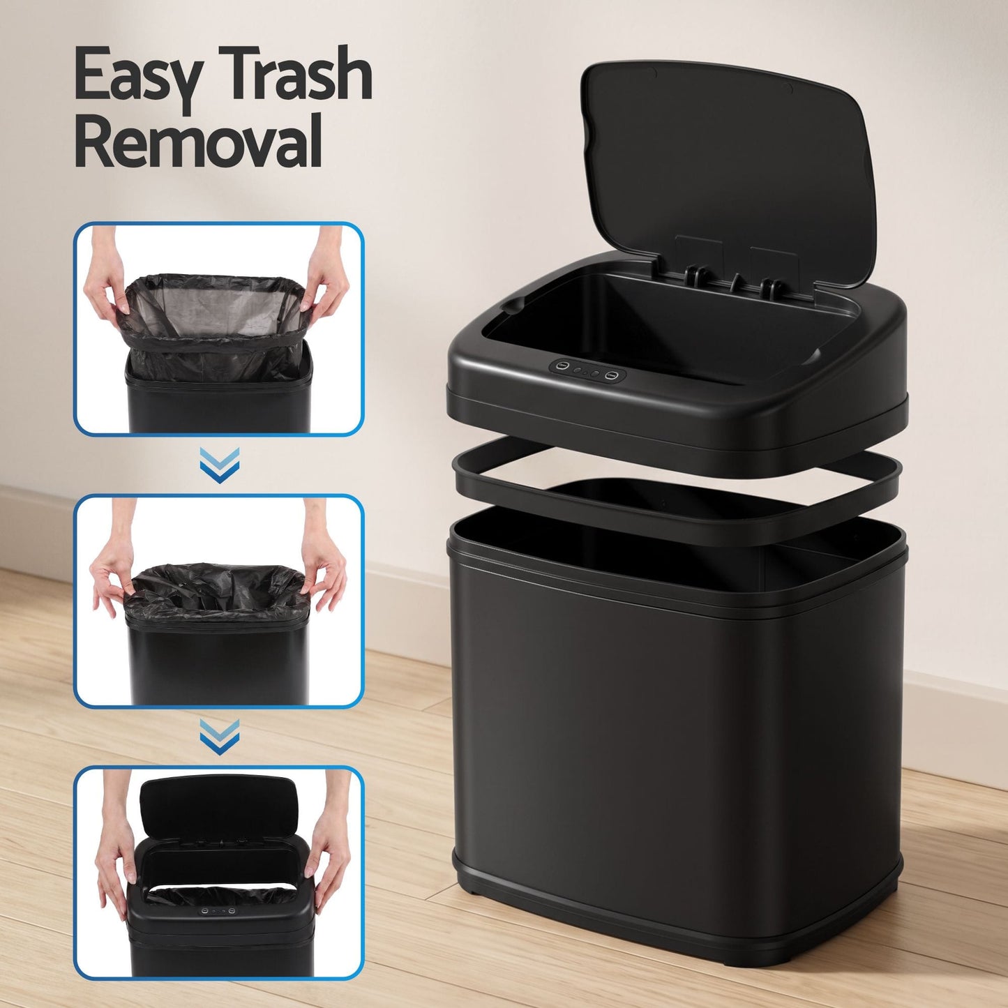 Devanti 15L Motion Sensor Bin Touchless Bins Soft-Close Rubbish Trash Can Black