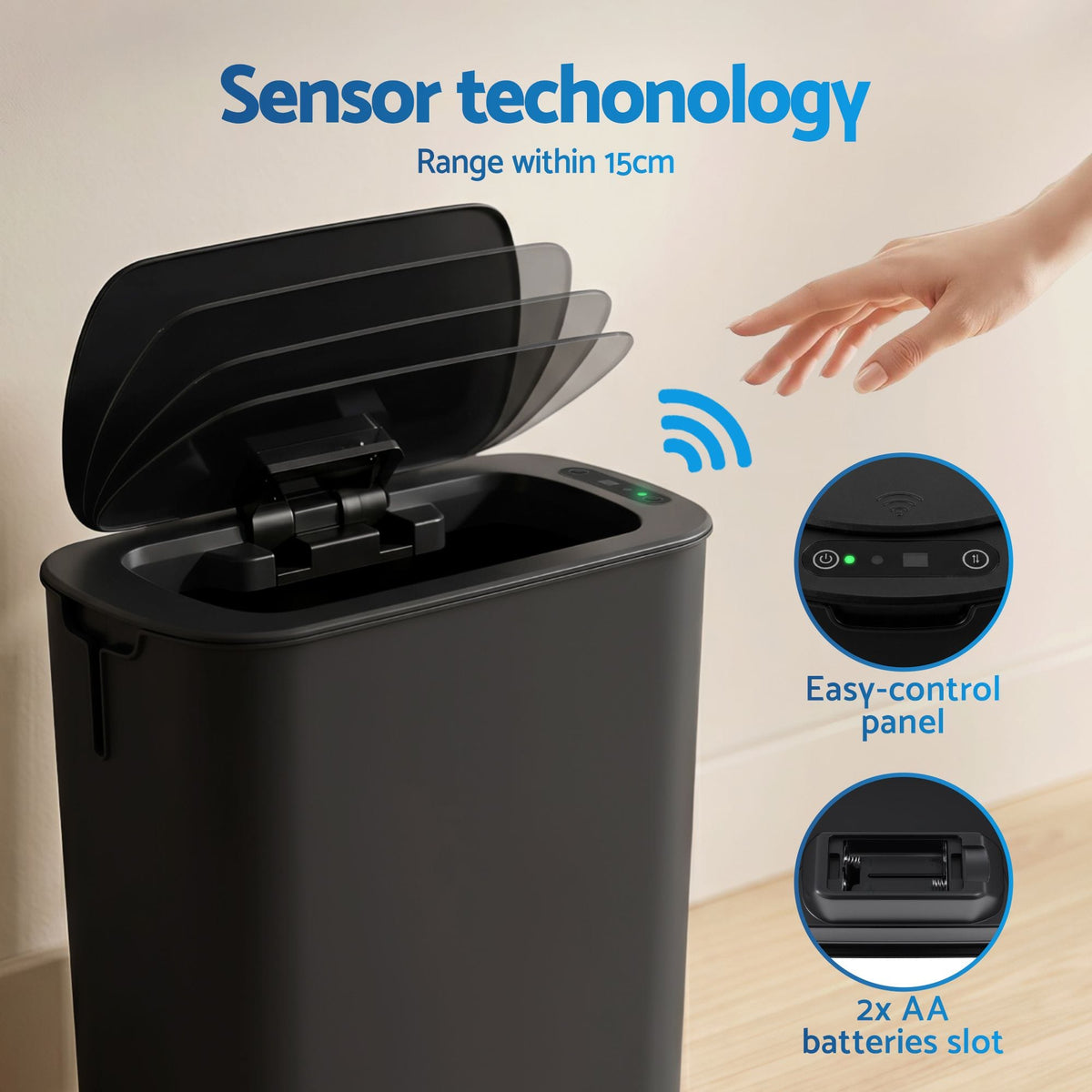 Alona.com.au Home & Garden > Kitchen Bins > Automatic Bins Devanti Automatic Trash Bin with Lid 11L Motion Sensor Kitchen Bin Touchless Garbage Can Modern Black Plastic Slim Rubbish Bin with Liner Holder for Kitchen, Home, Office