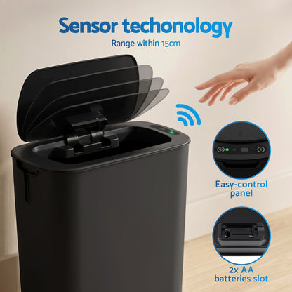 Alona.com.au Home & Garden > Kitchen Bins > Automatic Bins Devanti Automatic Trash Bin with Lid 11L Motion Sensor Kitchen Bin Touchless Garbage Can Modern Black Plastic Slim Rubbish Bin with Liner Holder for Kitchen, Home, Office