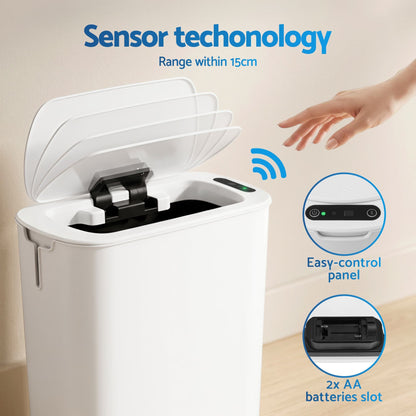 Alona.com.au Home & Garden > Kitchen Bins > Automatic Bins Devanti Automatic Trash Bin with Lid 11L Motion Sensor Kitchen Bin Touchless Garbage Can Modern White Plastic Slim Rubbish Bin with Liner Holder for Kitchen, Home, Office