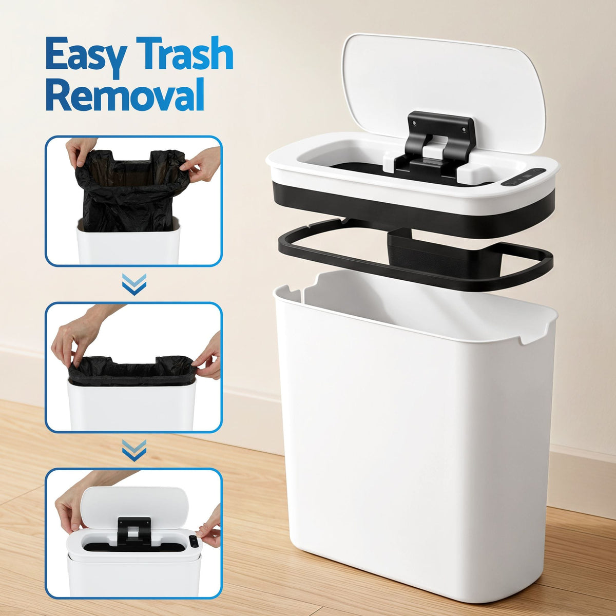 Alona.com.au Home & Garden > Kitchen Bins > Automatic Bins Devanti Automatic Trash Bin with Lid 11L Motion Sensor Kitchen Bin Touchless Garbage Can Modern White Plastic Slim Rubbish Bin with Liner Holder for Kitchen, Home, Office