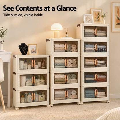 Alona.com.au Home & Garden > Storage > Storage Boxes Artiss 3-Tier Foldable Storage Cabinet Stackable Box Clear Magnetic Door White