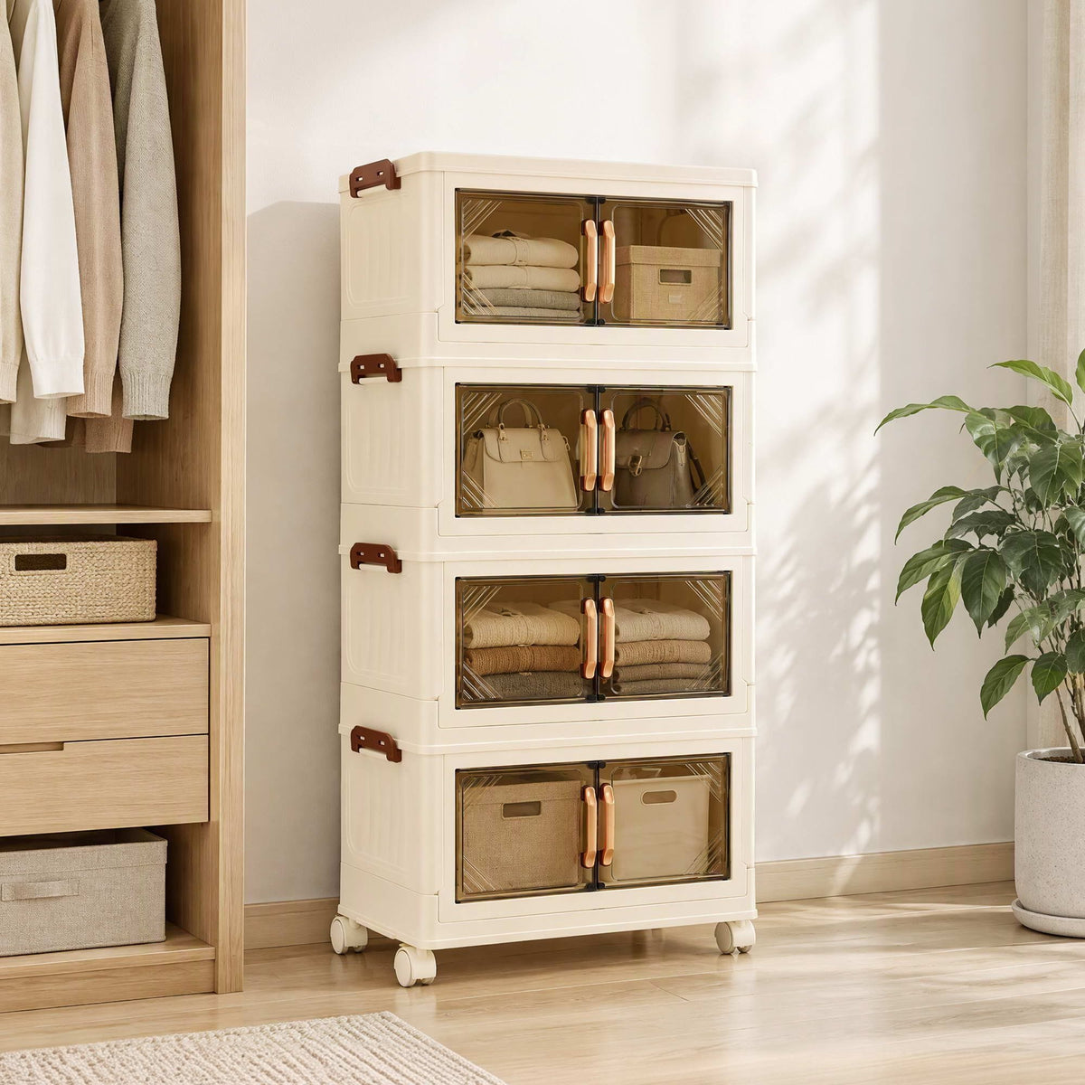 Alona.com.au Home & Garden > Storage > Storage Boxes Artiss 4-Tier Foldable Storage Cabinet Stackable Box Clear Magnetic Door White