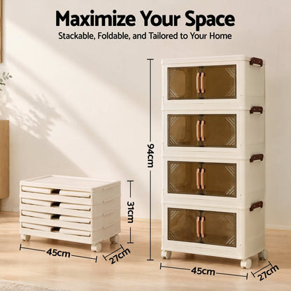 Alona.com.au Home & Garden > Storage > Storage Boxes Artiss 4-Tier Foldable Storage Cabinet Stackable Box Clear Magnetic Door White