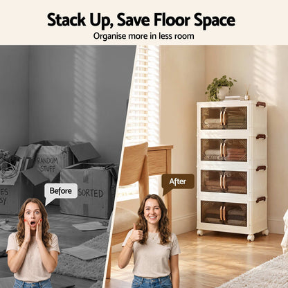 Alona.com.au Home & Garden > Storage > Storage Boxes Artiss 4-Tier Foldable Storage Cabinet Stackable Box Clear Magnetic Door White