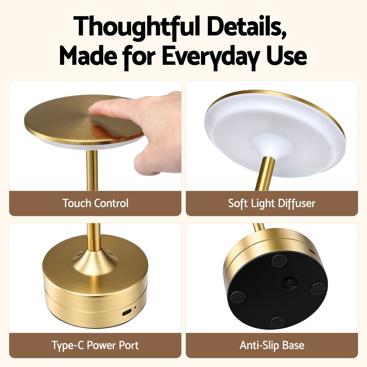 Alona.com.au Home & Garden > Lighting > Table Lamps Artiss Gold Touch Table Lamp, Warm to Cool White LED, Dimmable 3000-6000K 24 LEDs, Type-C