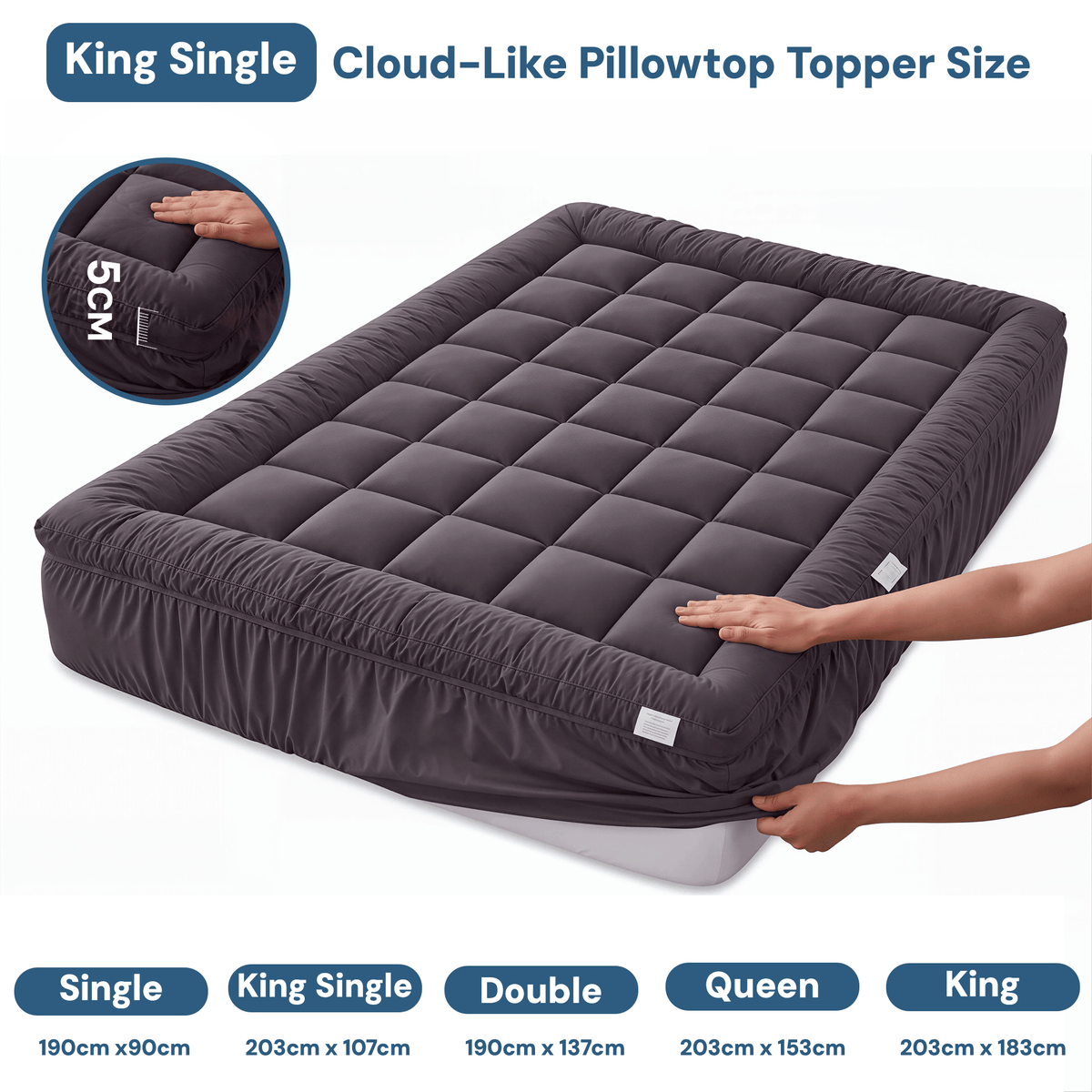 Giselle Furniture > Mattresses > Mattress Toppers Giselle Bedding Bamboo Charcoal Filling Pillowtop Topper 1000GSM 5cm Thick Pillowtop Pad for Back Pain Relief Washable with 45cm Deep Pocket King Single