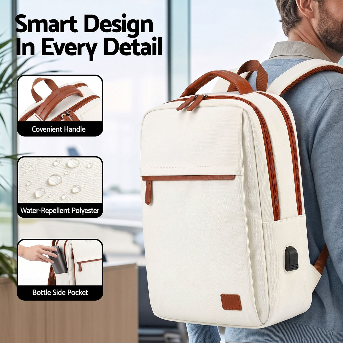 Alona.com.au Home & Garden > Travel > Backpacks Wanderlite 20L Travel Laptop Backpack Carry On Work Bag with USB Port for Airlines Outdoor Business Beige
