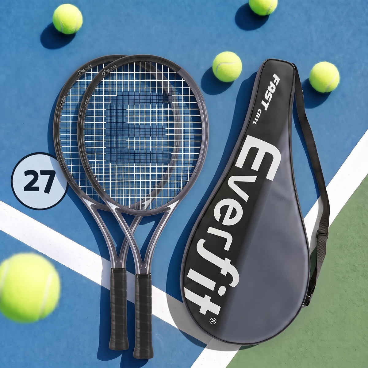 Alona.com.au Sports & Fitness > Racquet Sports > Tennis Everfit Tennis Racket Set 2 Pack 27 Inch Lightweight Cushioned Grip for Adults Black