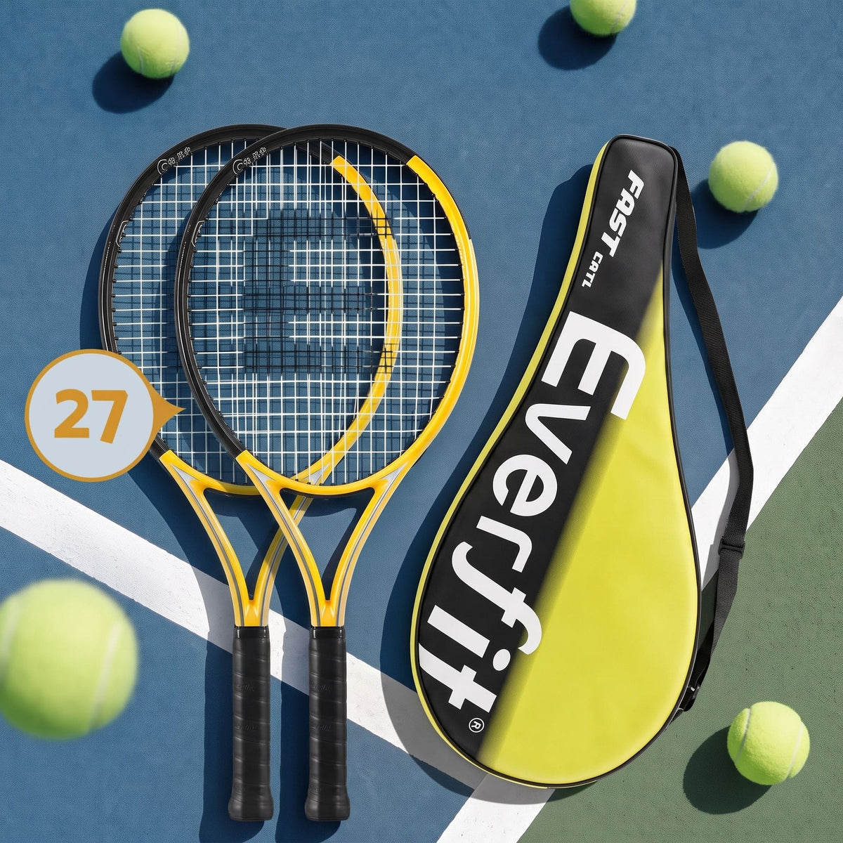 Alona.com.au Sports & Fitness > Racquet Sports > Tennis Everfit 27 Inch Tennis Racket Set of 2 Pack 27 Inch Lightweight Cushioned Grip Gold