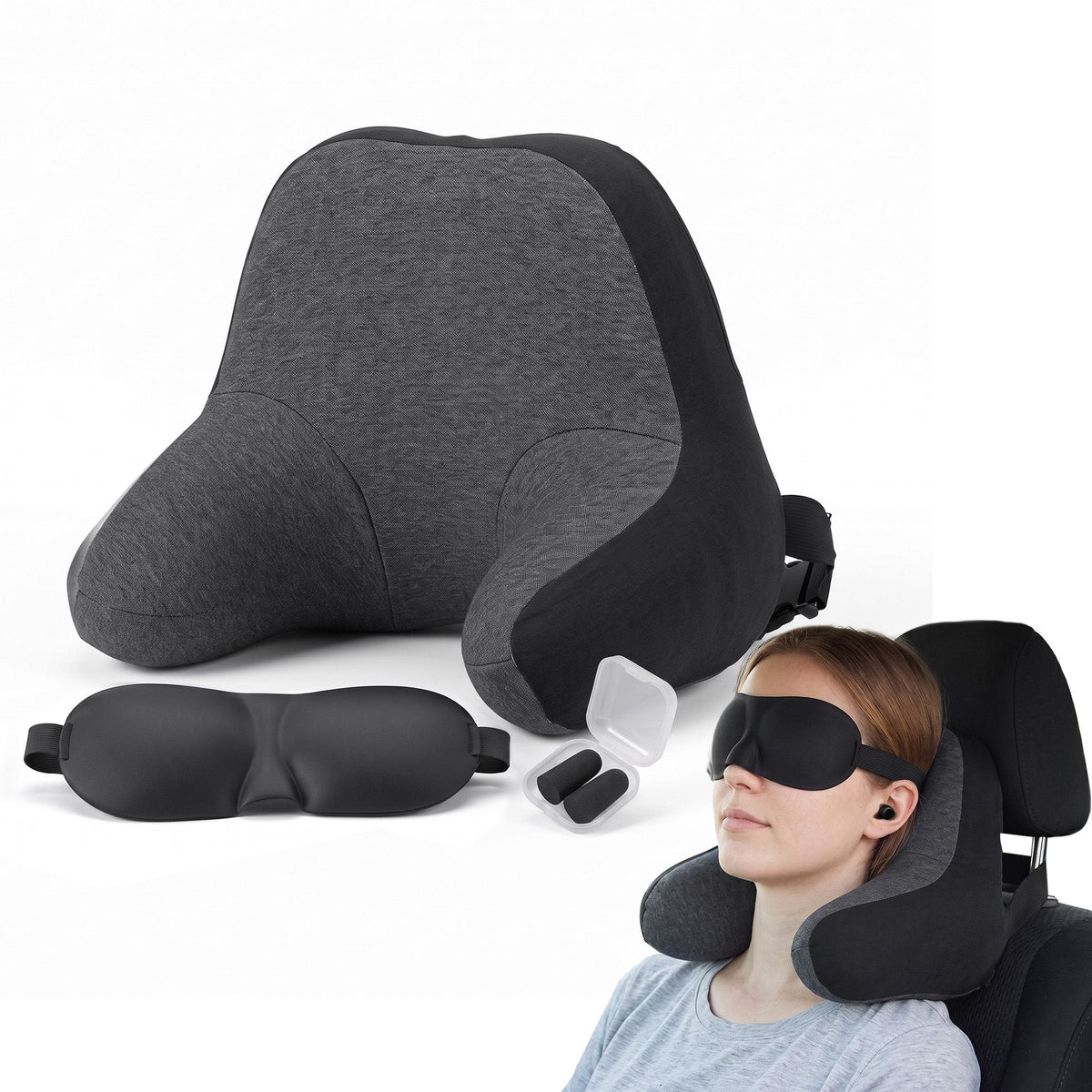 Alona.com.au Home & Garden > Bedding > Pillows Wanderlite Travel Neck Pillow Portable for Airplane Memory Foam with Eyemask Earplugs Black