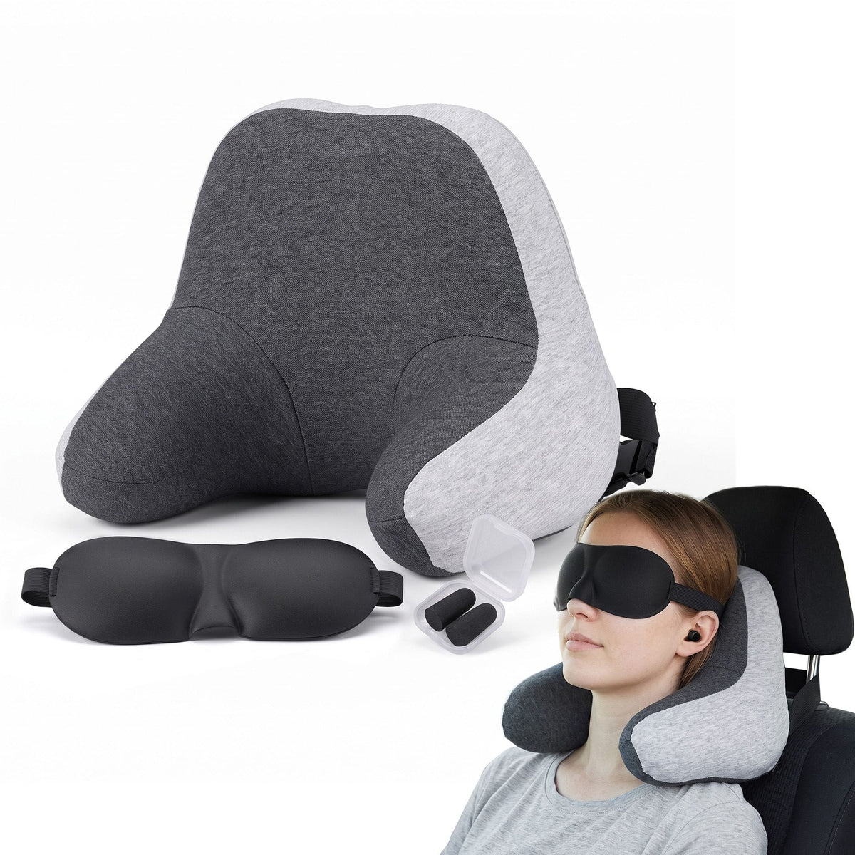Alona.com.au Home & Garden > Bedding > Pillows Wanderlite Travel Neck Pillow Portable for Airplane Memory Foam with Eyemask Earplugs Grey