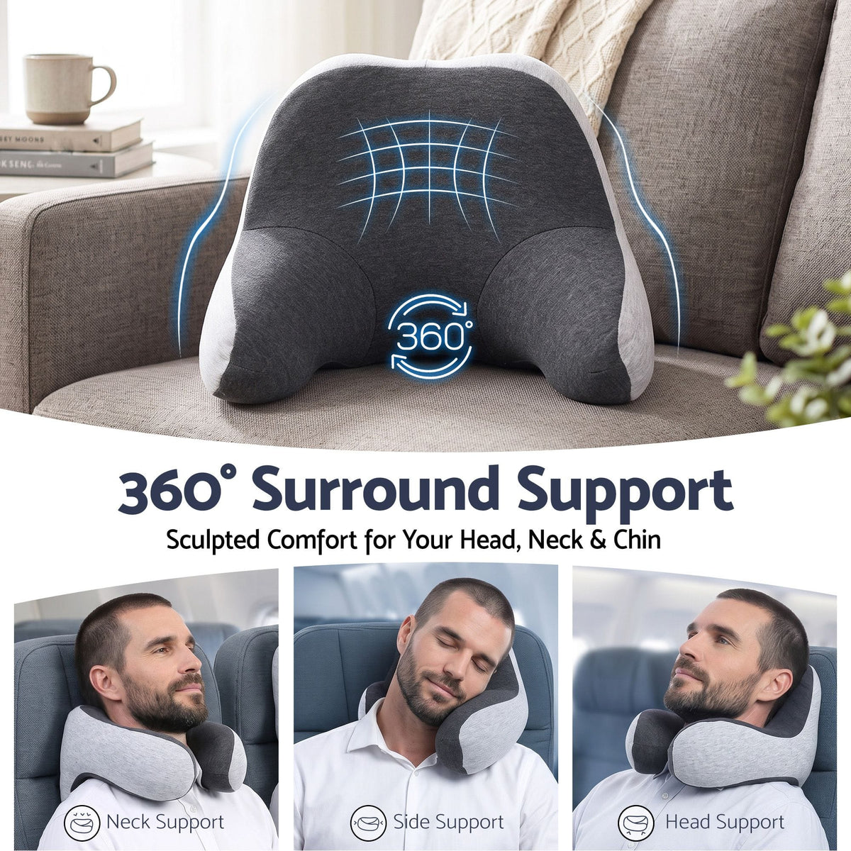 Alona.com.au Home & Garden > Bedding > Pillows Wanderlite Travel Neck Pillow Portable for Airplane Memory Foam with Eyemask Earplugs Grey
