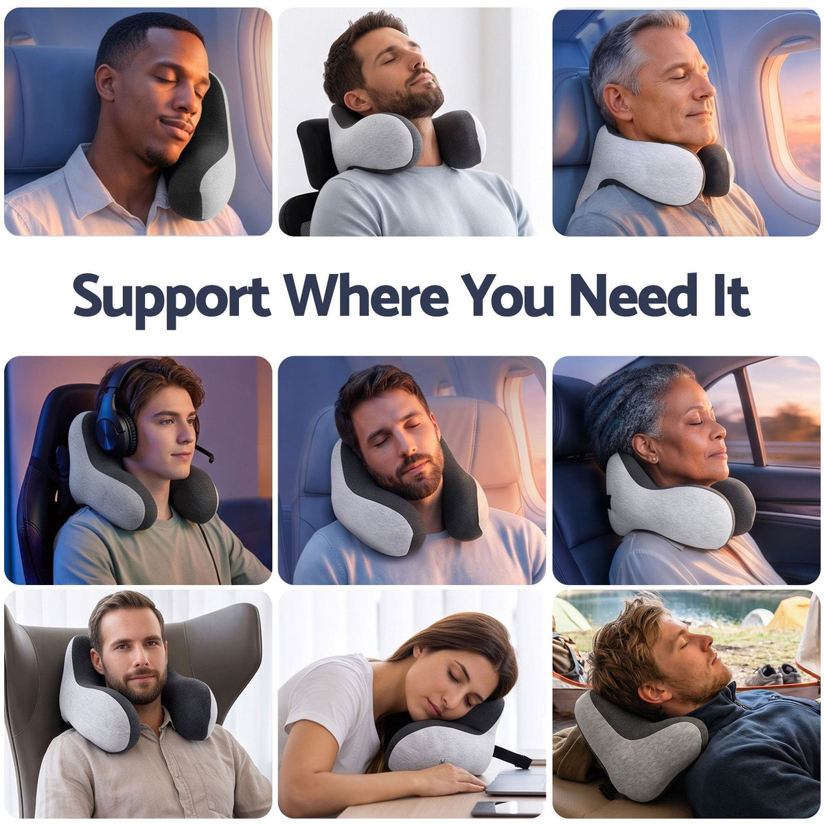 Alona.com.au Home & Garden > Bedding > Pillows Wanderlite Travel Neck Pillow Portable for Airplane Memory Foam with Eyemask Earplugs Grey