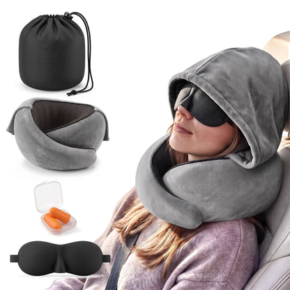 Alona.com.au Home & Garden > Bedding > Pillows Wanderlite Hooded Travel Neck Pillow for Airplane Memory Foam with Eye Mask Earplugs, Dark Grey