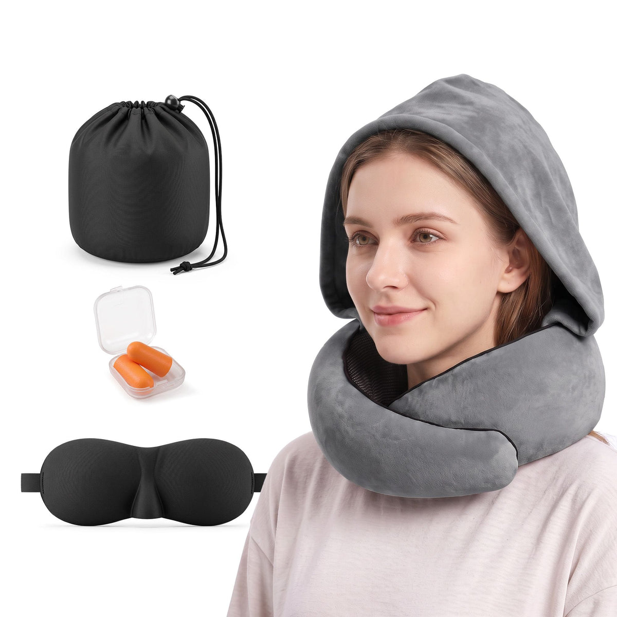 Alona.com.au Home & Garden > Bedding > Pillows Wanderlite Hooded Travel Neck Pillow for Airplane Memory Foam with Eye Mask Earplugs, Dark Grey