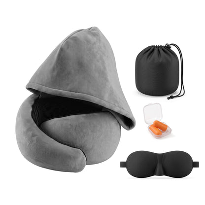 Alona.com.au Home & Garden > Bedding > Pillows Wanderlite Hooded Travel Neck Pillow for Airplane Memory Foam with Eye Mask Earplugs, Dark Grey
