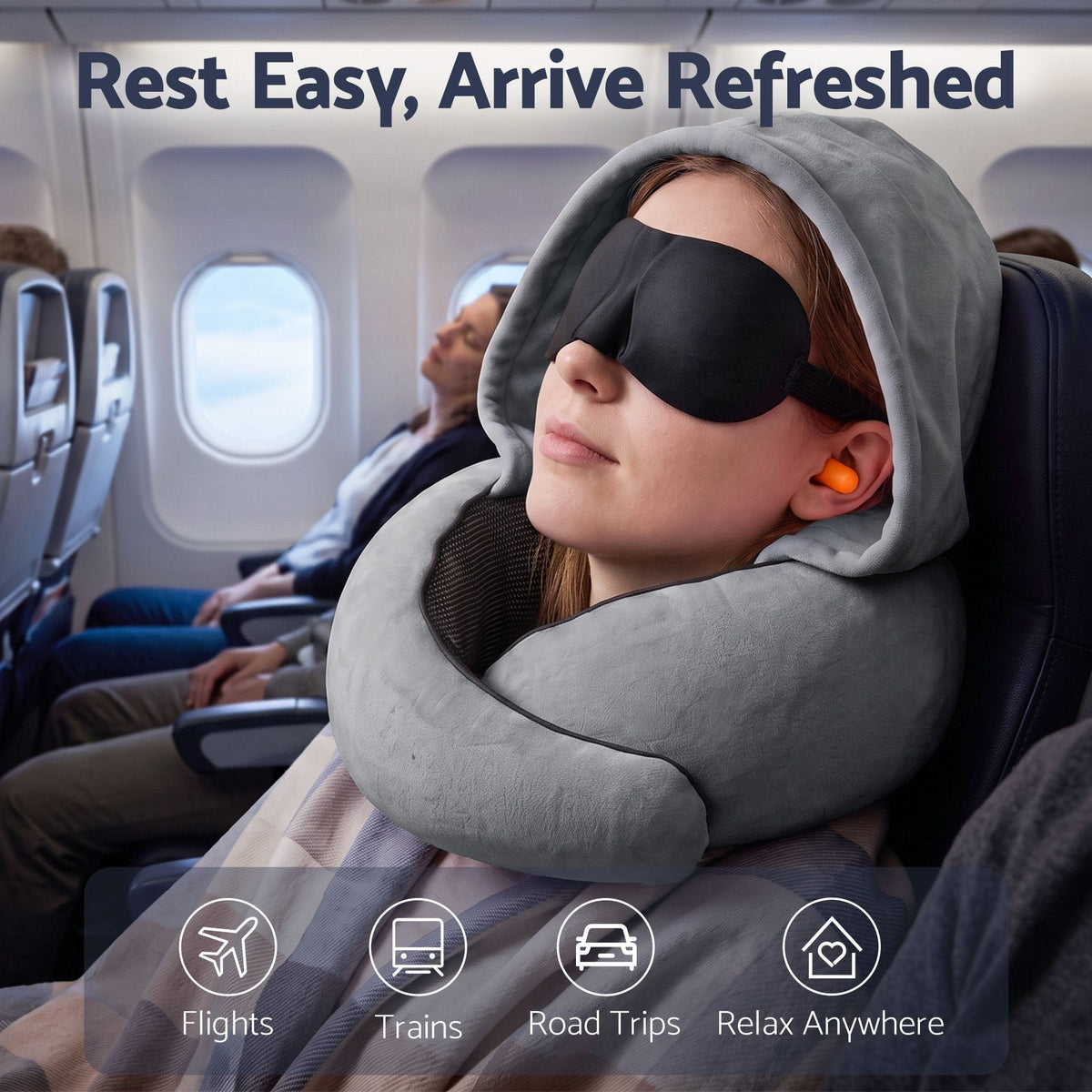 Alona.com.au Home & Garden > Bedding > Pillows Wanderlite Hooded Travel Neck Pillow for Airplane Memory Foam with Eye Mask Earplugs, Dark Grey