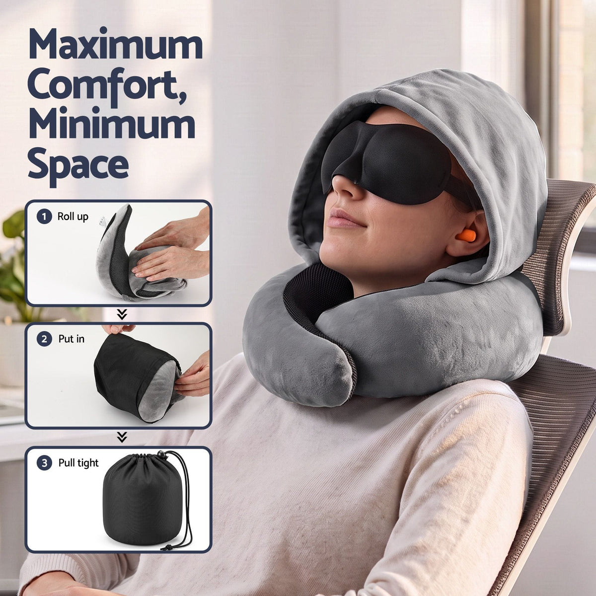 Alona.com.au Home & Garden > Bedding > Pillows Wanderlite Hooded Travel Neck Pillow for Airplane Memory Foam with Eye Mask Earplugs, Dark Grey