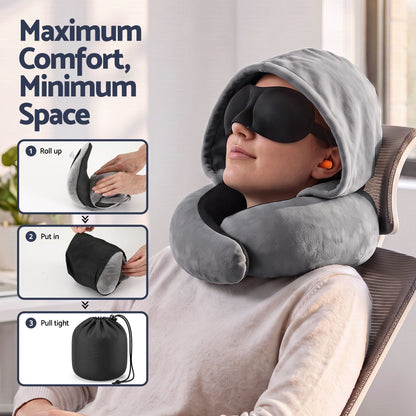 Alona.com.au Home & Garden > Bedding > Pillows Wanderlite Hooded Travel Neck Pillow for Airplane Memory Foam with Eye Mask Earplugs, Dark Grey