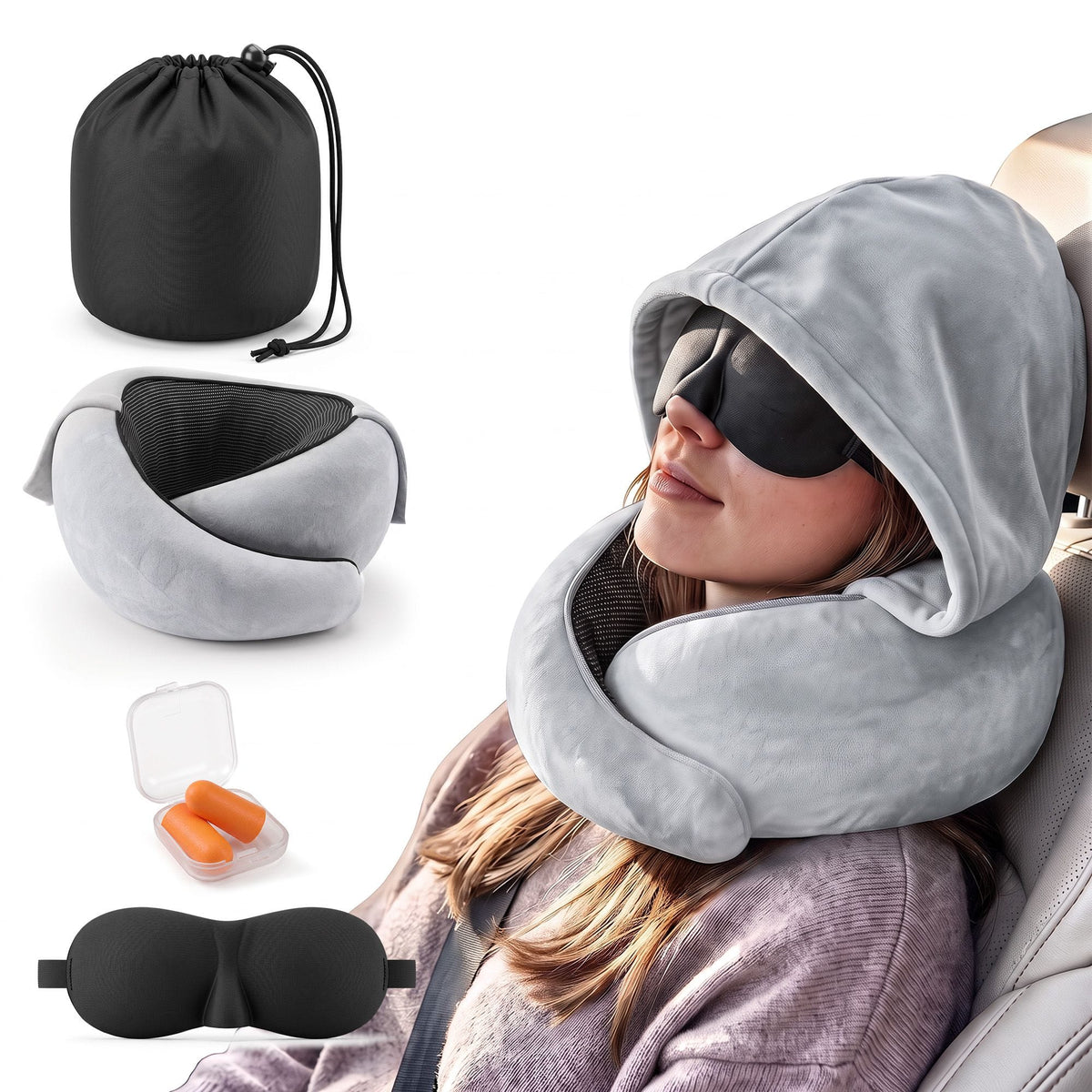 Alona.com.au Home & Garden > Bedding > Pillows Wanderlite Hooded Travel Neck Pillow for Airplane Memory Foam with Eye Mask Earplugs, Light Grey
